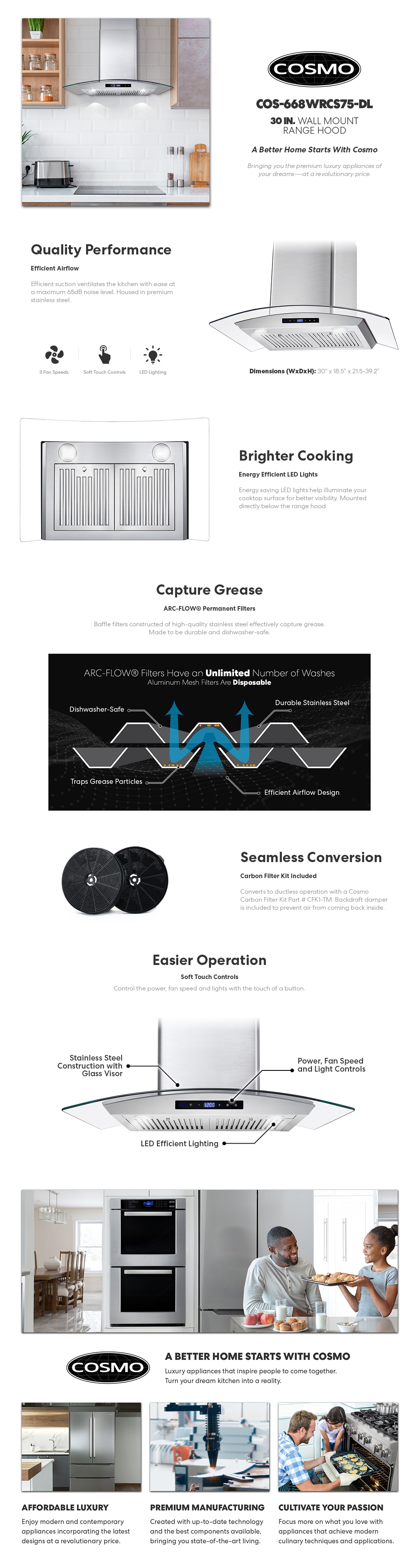 Cosmo 30 in. Convertible Wall Mount Range Hood with Touch Controls LED Lighting and Permanent